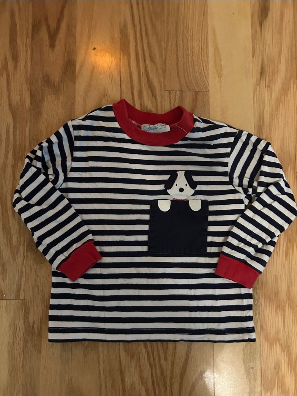 Kids Navy & White Striped Long-Sleeve Tee with Red Trim and Pocket Pup